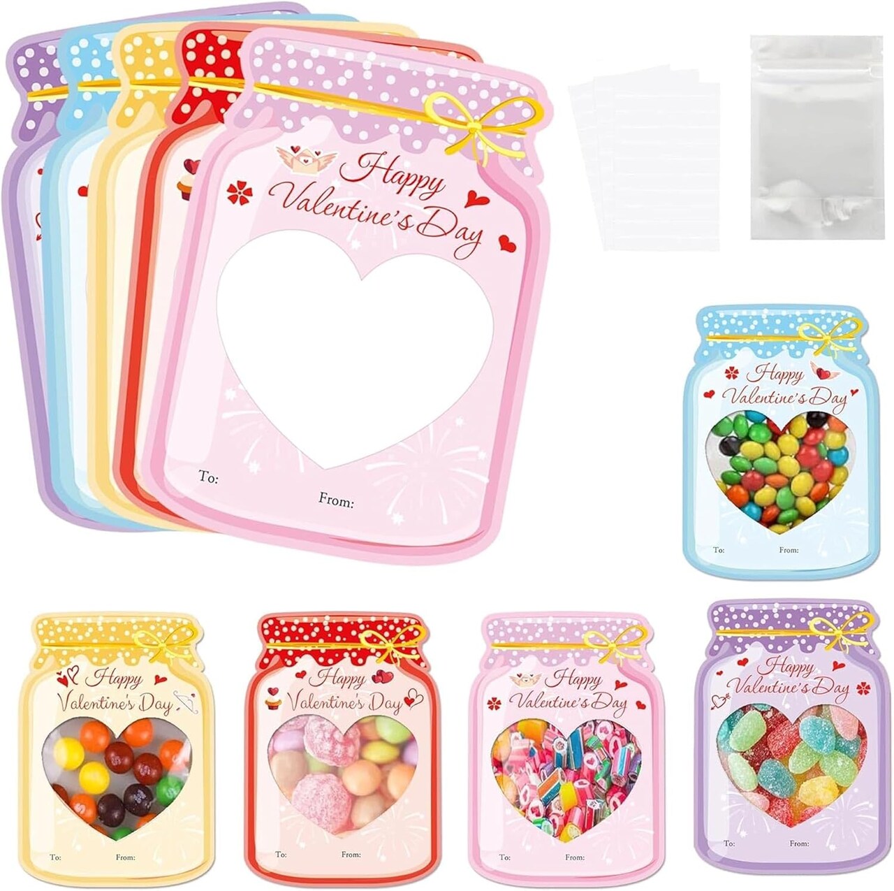 Mother’s Day Card Making Mason Jar DIY Gift Set for Kids – 50 Pack Classroom Craft Cards with Treat Bags & Adhesive for School Party Favors (Candy Not Included)